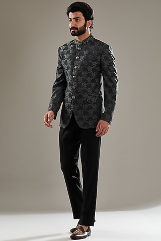 Charcoal Grey Italian Fabric Embroidered Jodhpuri Set by SBJ