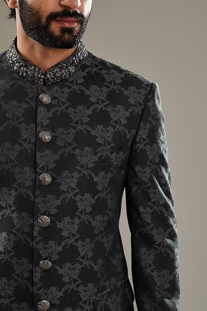 Charcoal Grey Italian Fabric Embroidered Jodhpuri Set by SBJ at Pernia's Pop Up Shop