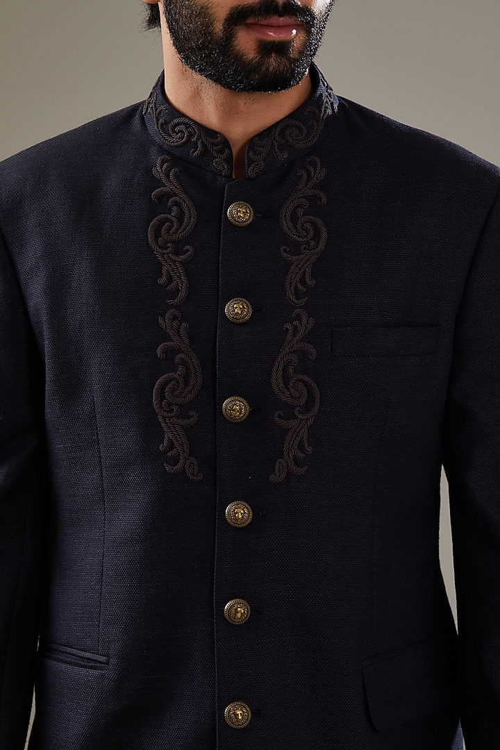 Navy blue Wool Viscose Blend Embroidered Jodhpuri Set by SBJ at Pernia's Pop Up Shop