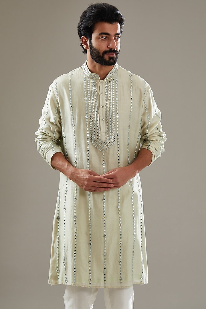Mint Green Chanderi Silk Mirror Embellished Kurta Set by SBJ at Pernia's Pop Up Shop