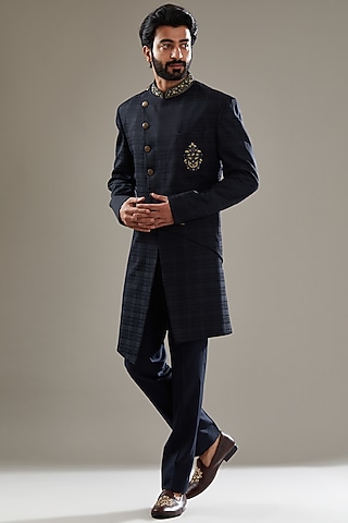 Dark Blue Wool Viscose Blend Embroidered Indowestern Set by SBJ