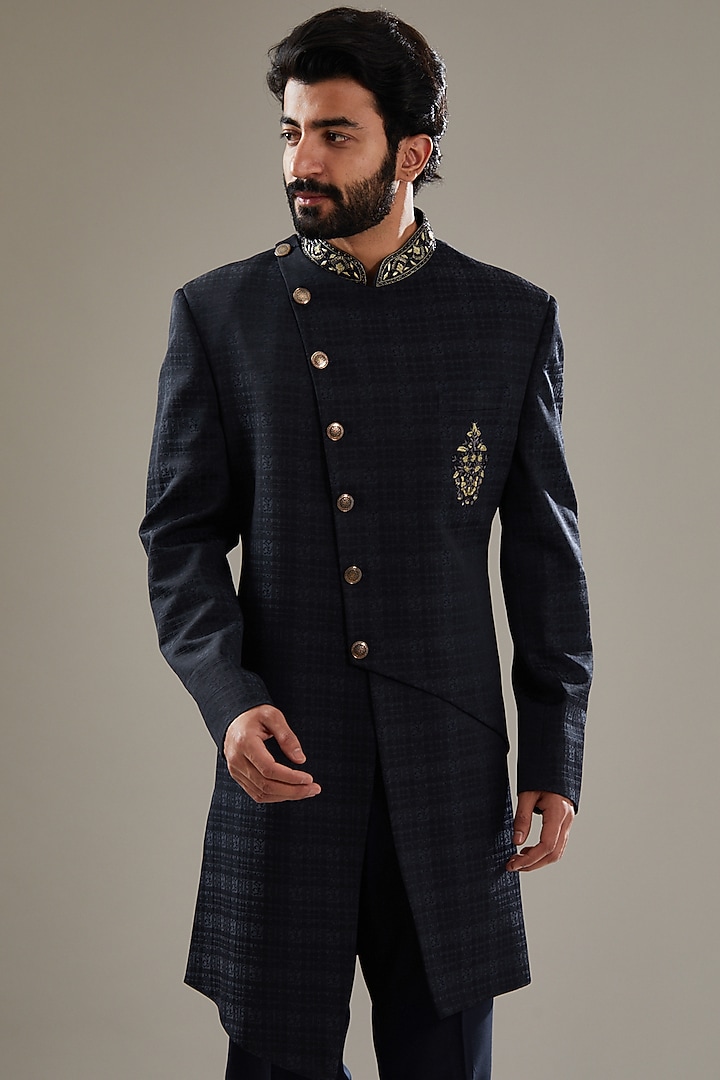 Dark Blue Wool Viscose Blend Embroidered Wedding Indowestern Set by SBJ at Pernia's Pop Up Shop