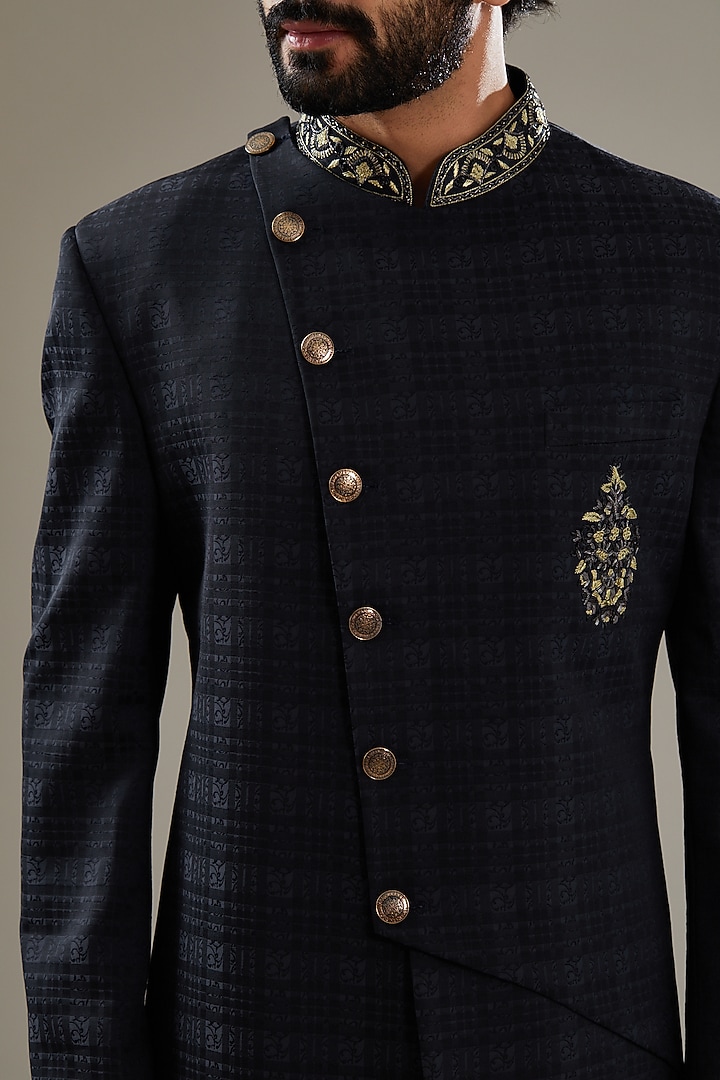 Dark Blue Wool Viscose Blend Embroidered Wedding Indowestern Set by SBJ at Pernia's Pop Up Shop