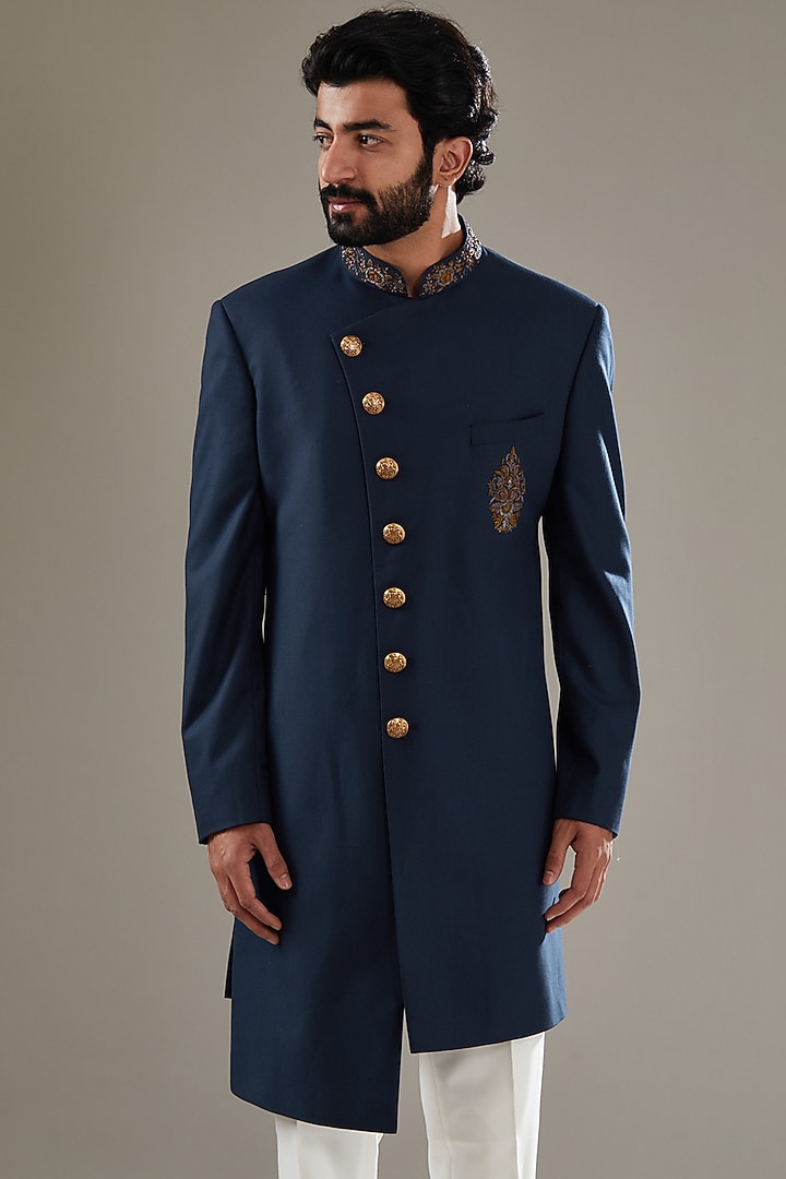 Blue Wool Viscose Blend Embroidered Wedding Indowestern Set by SBJ at Pernia's Pop Up Shop
