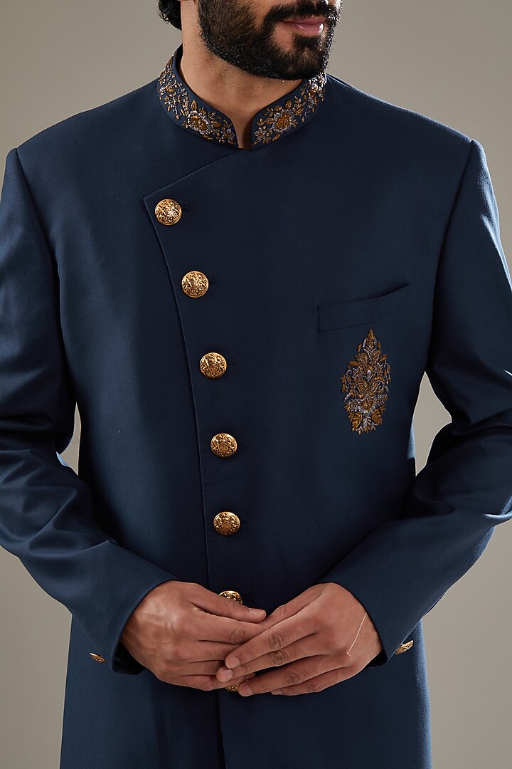 Blue Wool Viscose Blend Embroidered Wedding Indowestern Set by SBJ at Pernia's Pop Up Shop