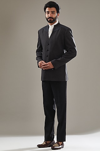 Charcoal Grey Wool Viscose Blend Embroidered Jodhpuri Set by SBJ