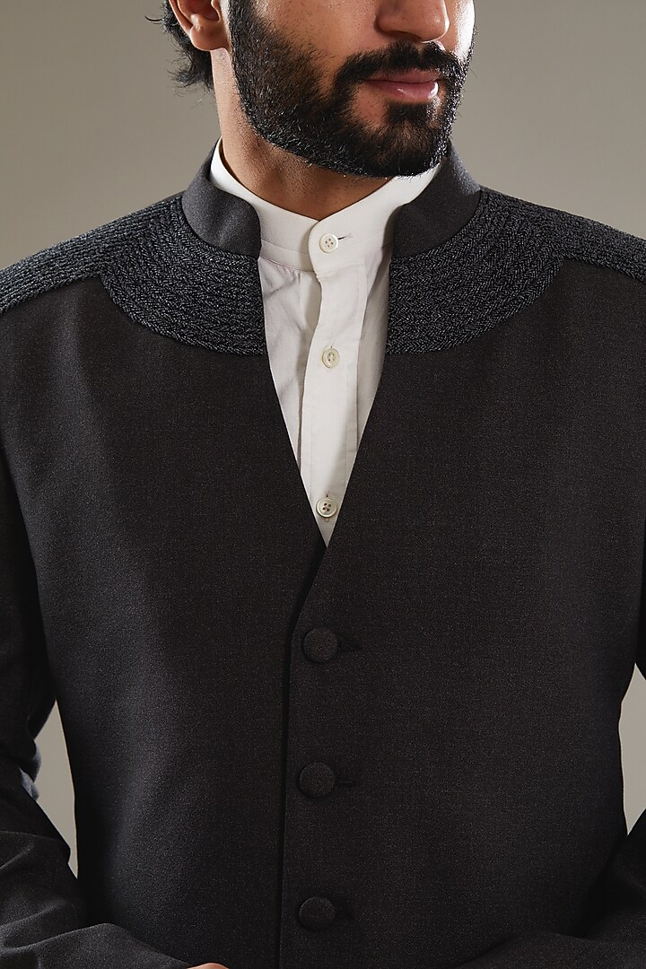 Charcoal Grey Wool Viscose Blend Embroidered Jodhpuri Set by SBJ at Pernia's Pop Up Shop