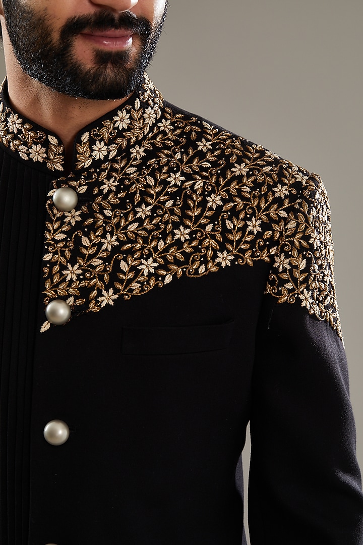 Black Lycra Embroidered Jodhpuri Set by SBJ at Pernia's Pop Up Shop