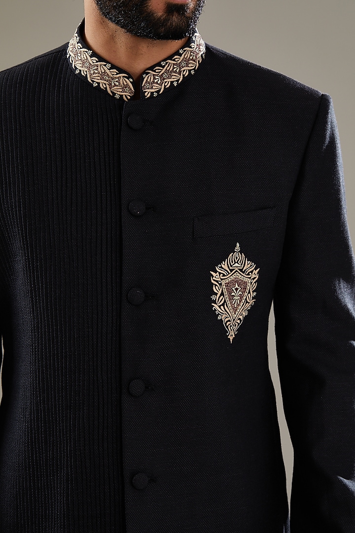 Black Wool Viscose Blend Embroidered Jodhpuri Set by SBJ at Pernia's Pop Up Shop