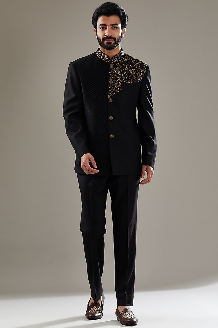 Black Lycra Embroidered Jodhpuri Set by SBJ