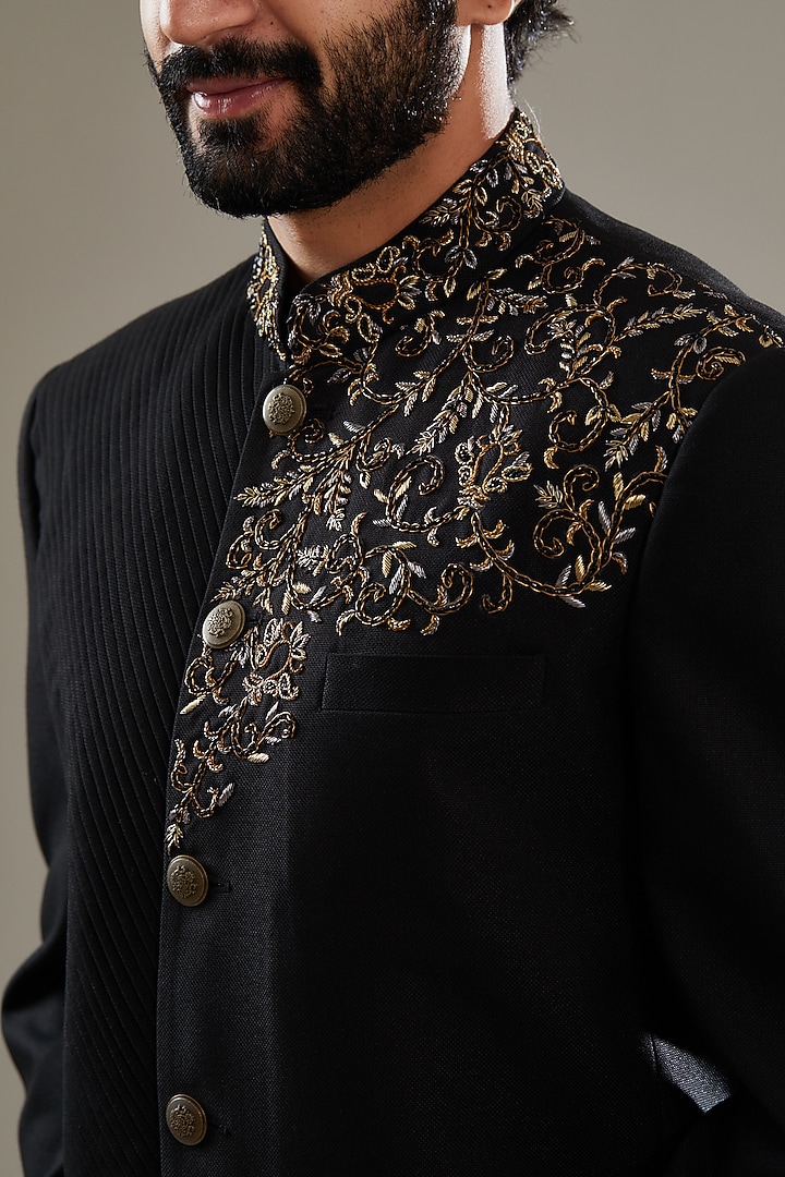 Black Lycra Embroidered Jodhpuri Set by SBJ at Pernia's Pop Up Shop