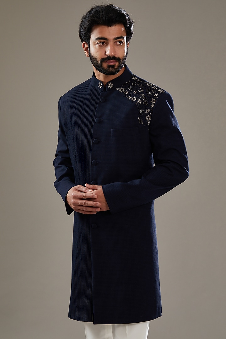 Dark Blue Lycra Dabka Hand Embroidered Wedding Sherwani Set by SBJ at Pernia's Pop Up Shop