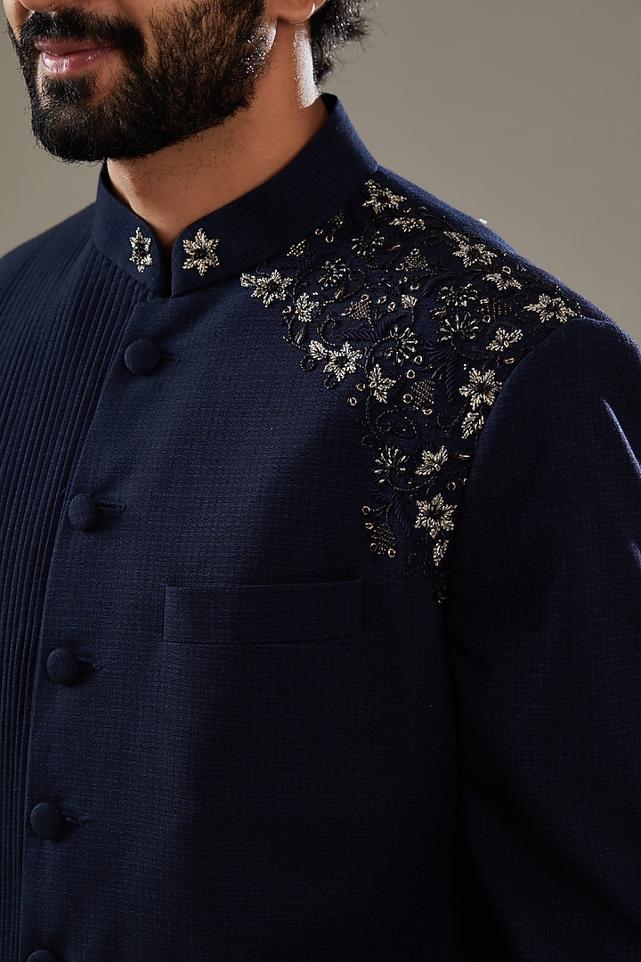 Dark Blue Lycra Dabka Hand Embroidered Wedding Sherwani Set by SBJ at Pernia's Pop Up Shop
