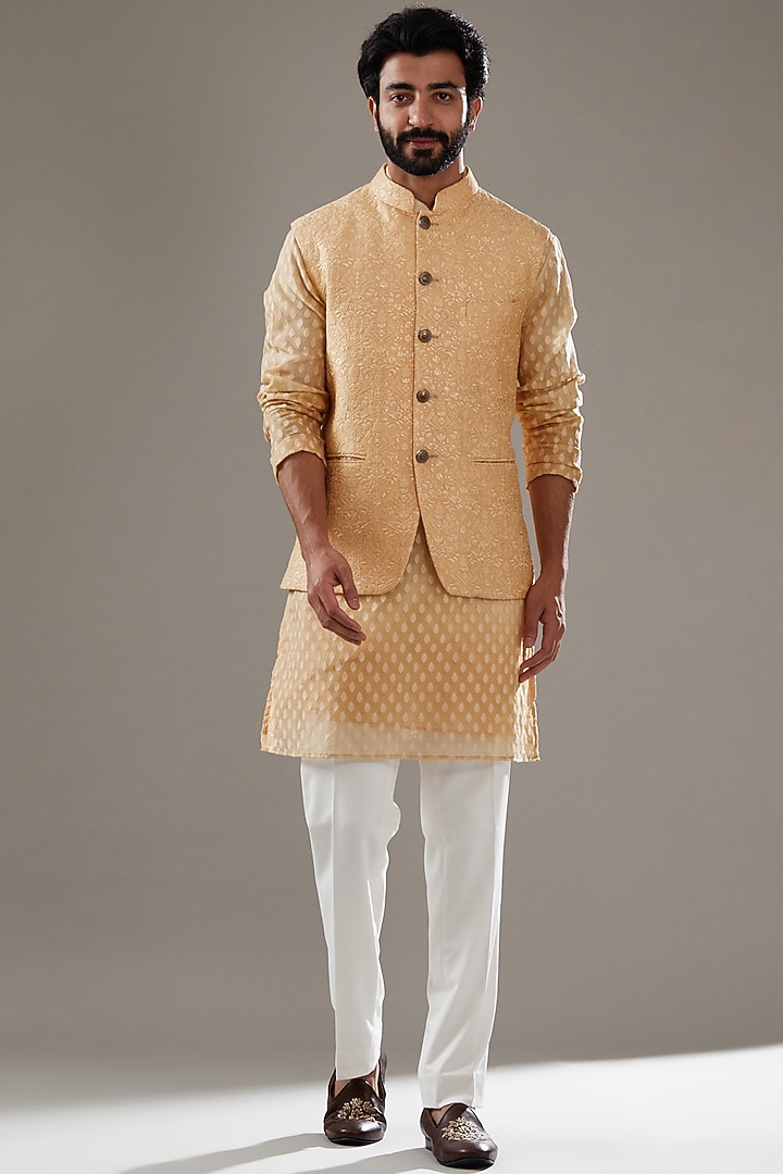 Mustard Silk Resham Embroidered Bundi Jacket Set by SBJ at Pernia's Pop Up Shop
