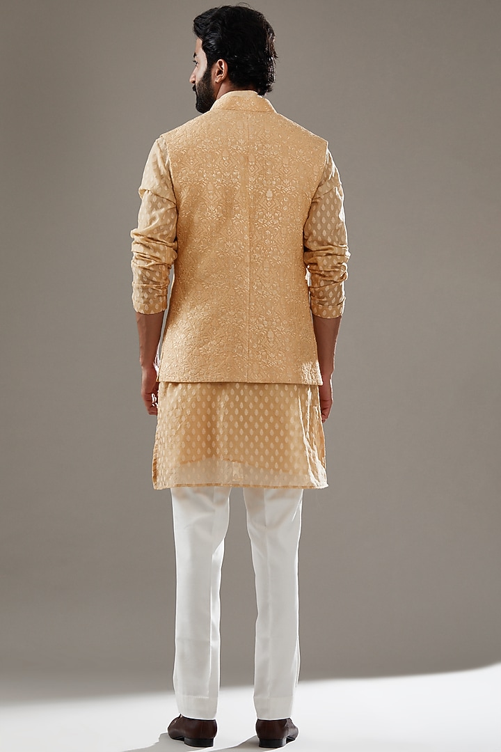 Mustard Silk Resham Embroidered Bundi Jacket Set by SBJ at Pernia's Pop Up Shop