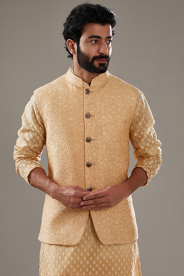 Mustard Silk Resham Embroidered Bundi Jacket Set by SBJ at Pernia's Pop Up Shop