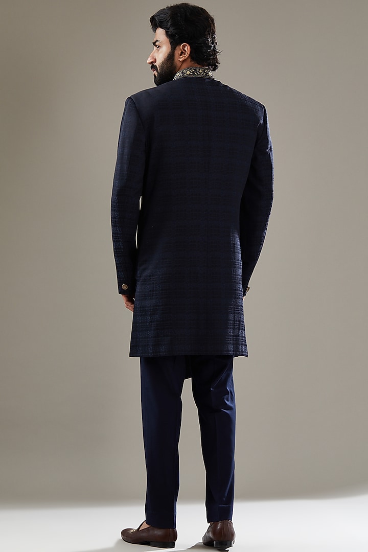 Dark Blue Wool Viscose Blend Embroidered Wedding Indowestern Set by SBJ at Pernia's Pop Up Shop