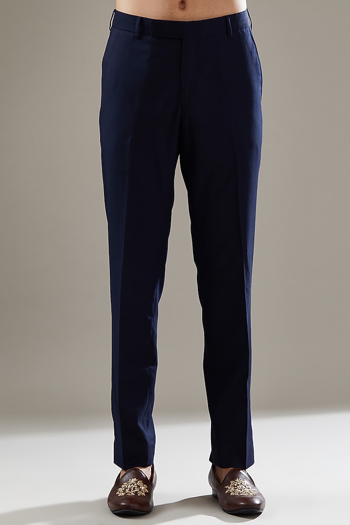 Dark Blue Wool Viscose Blend Embroidered Wedding Indowestern Set by SBJ at Pernia's Pop Up Shop