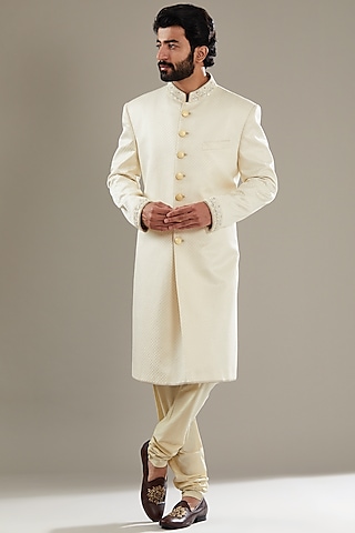 Ivory Wool Viscose Blend Embroidered Sherwani Set by SBJ