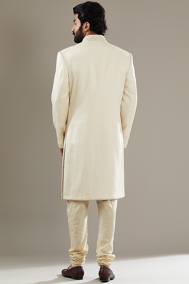 Ivory Wool Viscose Blend Embroidered Wedding Sherwani Set by SBJ at Pernia's Pop Up Shop