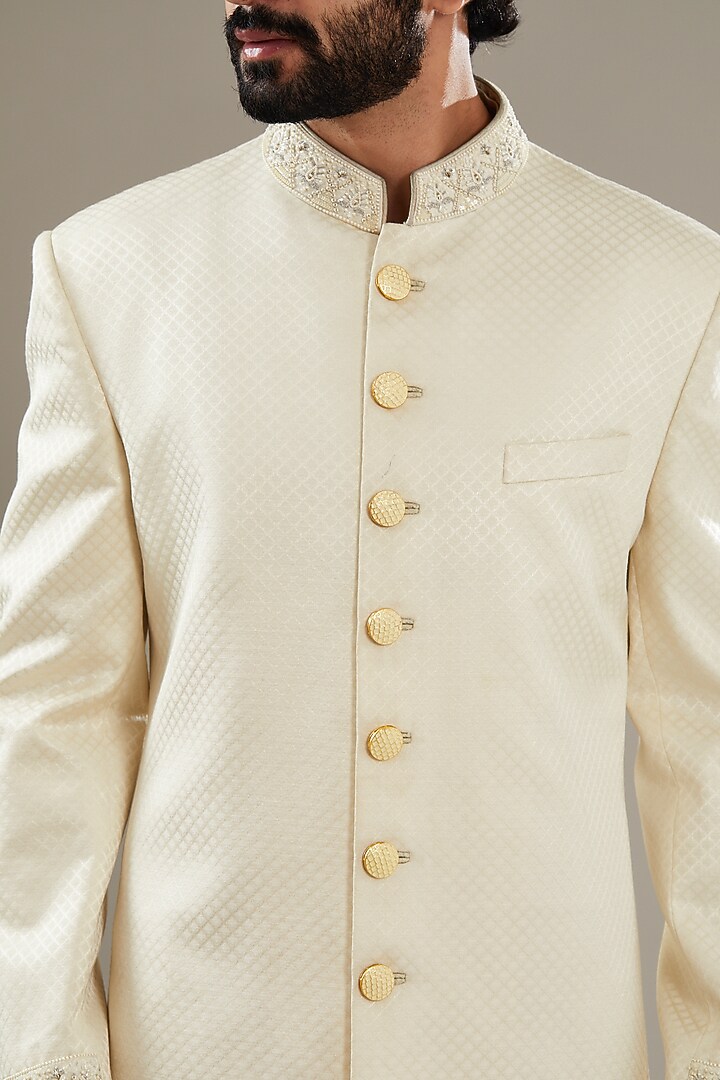 Ivory Wool Viscose Blend Embroidered Wedding Sherwani Set by SBJ at Pernia's Pop Up Shop