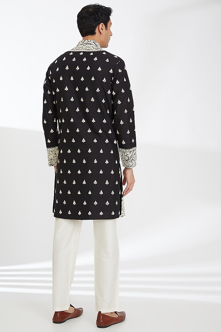 Black Cotton Silk Dori Embroidered Kurta Set by SBJ at Pernia's Pop Up Shop
