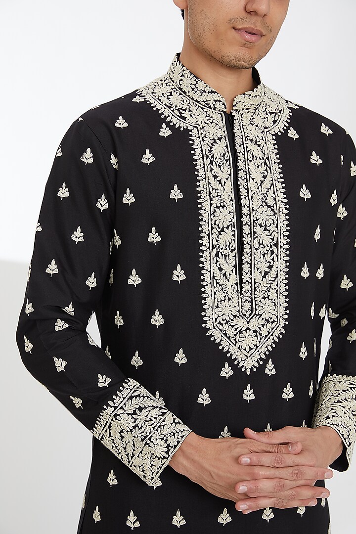 Black Cotton Silk Dori Embroidered Kurta Set by SBJ at Pernia's Pop Up Shop