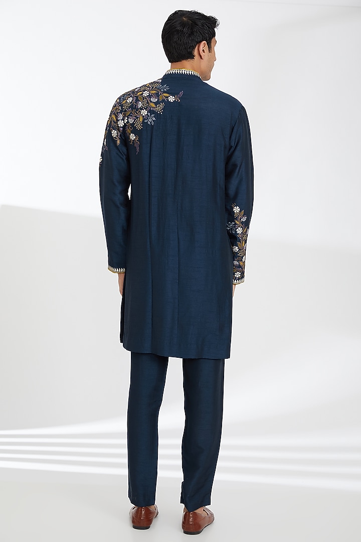 Dark Blue Dupion Dori Embroidered Kurta Set by SBJ at Pernia's Pop Up Shop