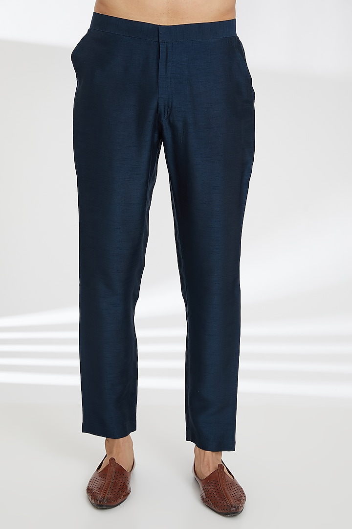 Dark Blue Dupion Dori Embroidered Kurta Set by SBJ at Pernia's Pop Up Shop