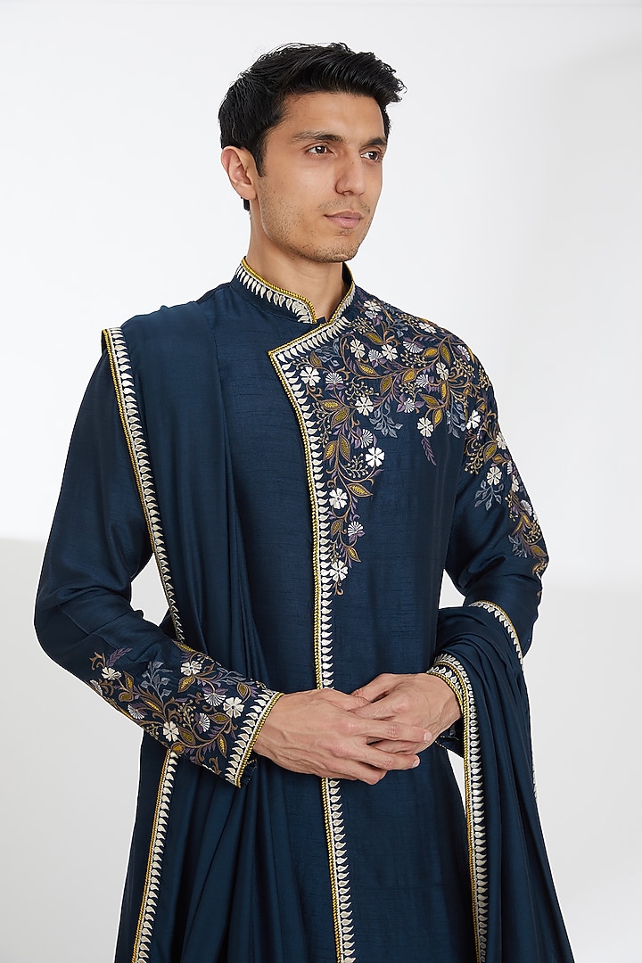 Dark Blue Dupion Dori Embroidered Kurta Set by SBJ at Pernia's Pop Up Shop