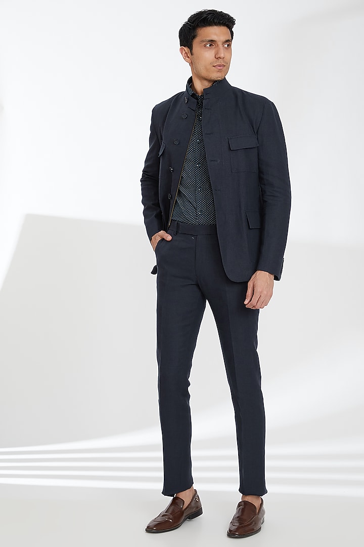 Dark Blue Linen Wedding Bandhgala Set by SBJ at Pernia's Pop Up Shop