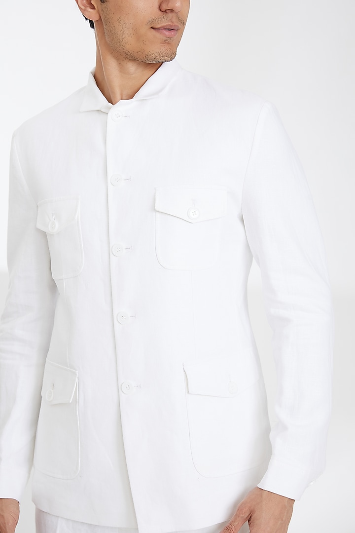 Off-White Linen Wedding Bandhgala Set by SBJ at Pernia's Pop Up Shop