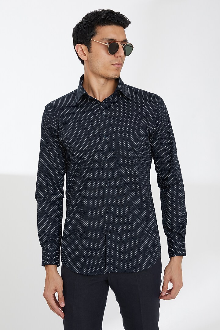 Dark Blue Cotton Printed Party Wear Shirt by SBJ at Pernia's Pop Up Shop