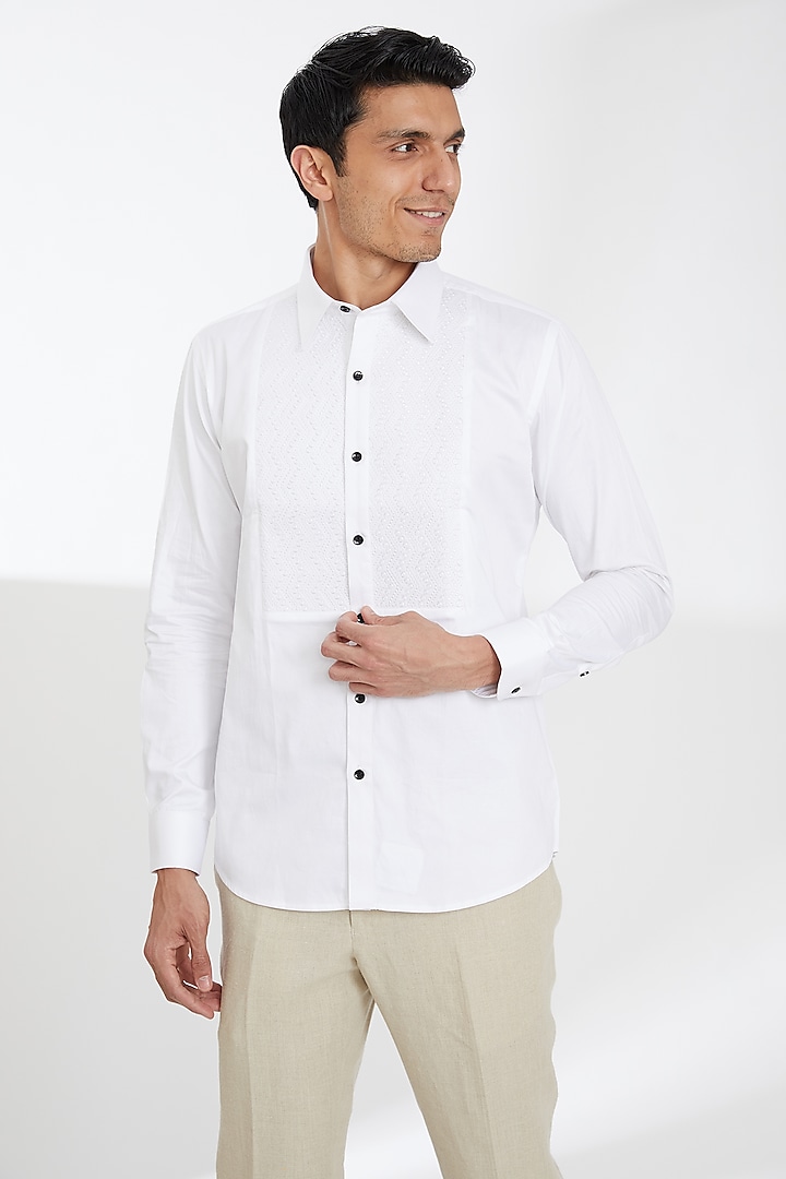 White Cotton Embroidered Shirt by SBJ