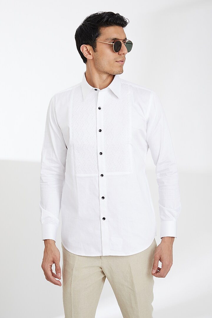 White Cotton Embroidered Party Wear Shirt by SBJ at Pernia's Pop Up Shop