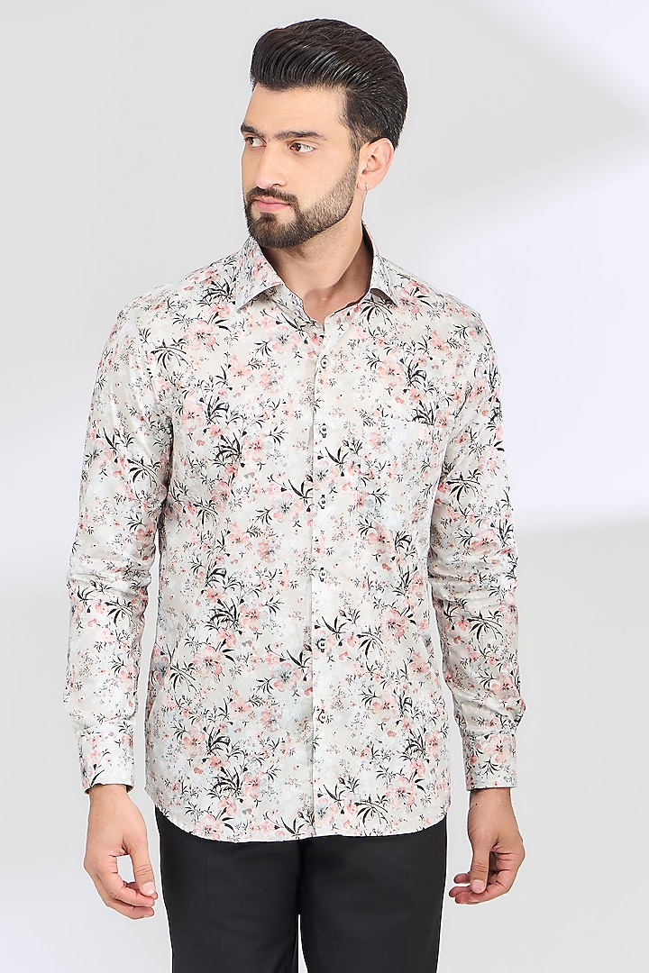 Ivory Cotton Floral Printed Shirt by SBJ