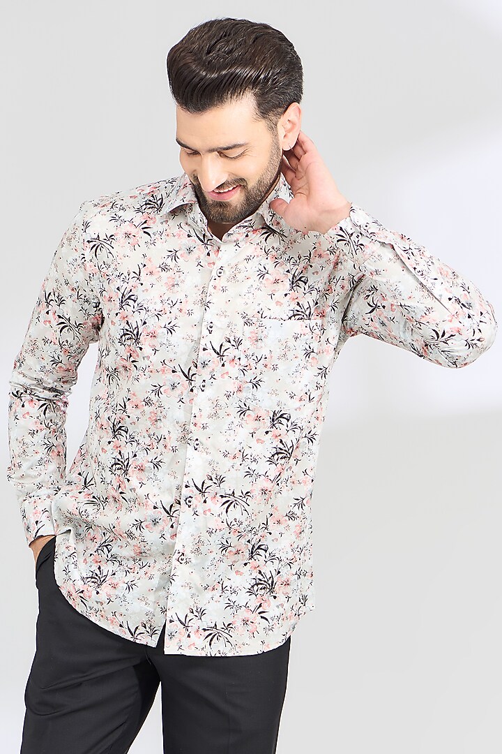 Ivory Cotton Floral Printed Party Wear Shirt by SBJ at Pernia's Pop Up Shop