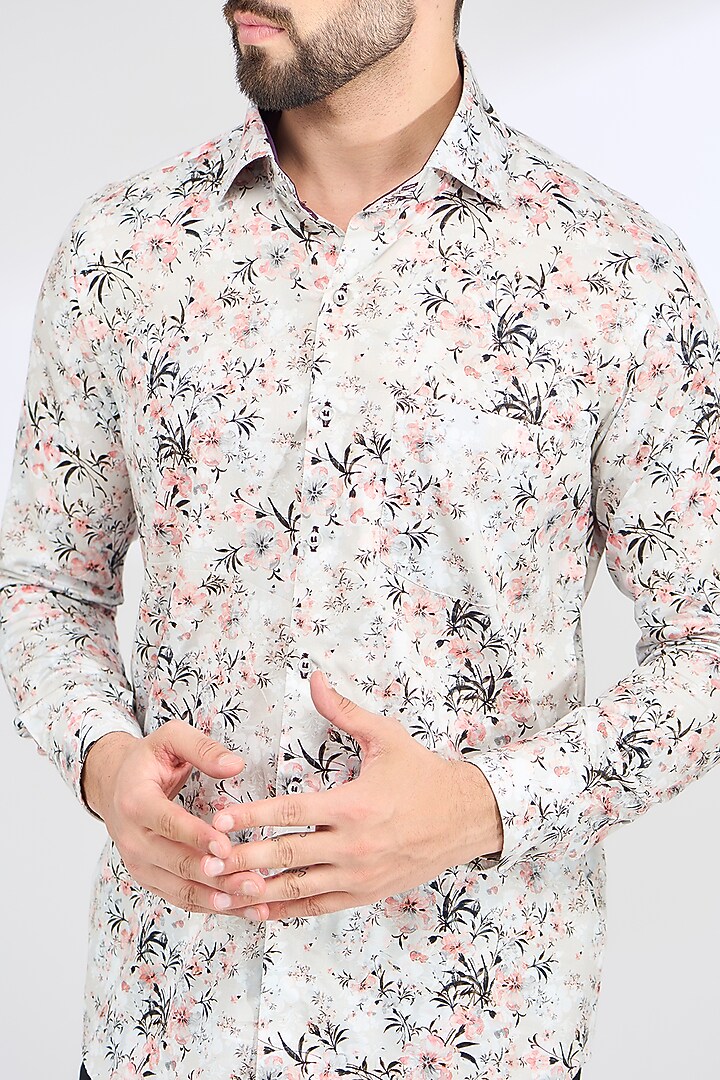 Ivory Cotton Floral Printed Party Wear Shirt by SBJ at Pernia's Pop Up Shop