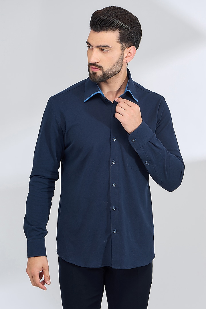 Navy Blue Cotton Lycra Shirt by SBJ at Pernia's Pop Up Shop