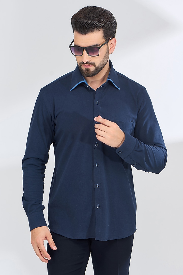Navy Blue Cotton Lycra Party Wear Shirt by SBJ at Pernia's Pop Up Shop
