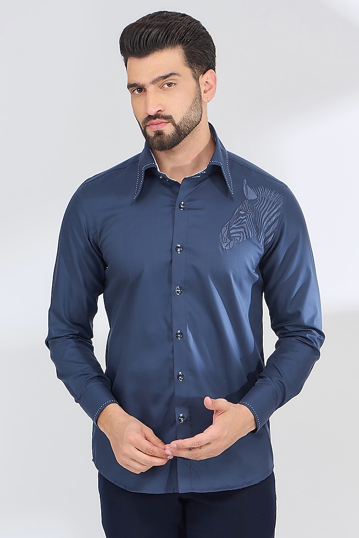 Blue Cotton Thread Embroidered Shirt by SBJ