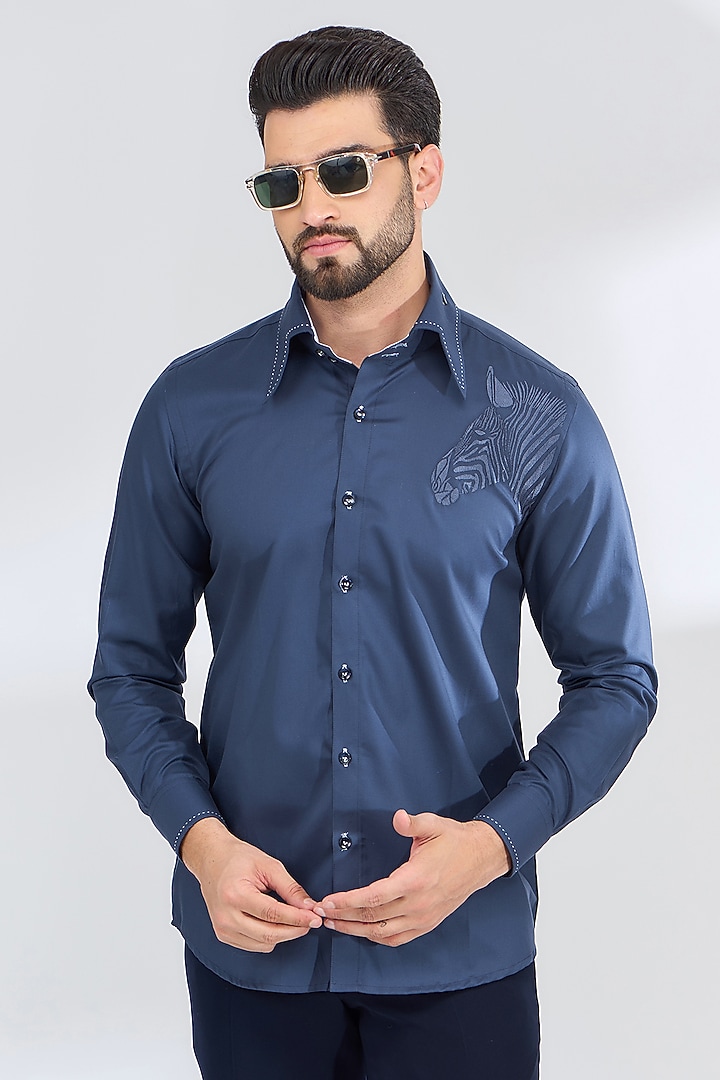 Blue Cotton Thread Embroidered Party Wear Shirt by SBJ at Pernia's Pop Up Shop