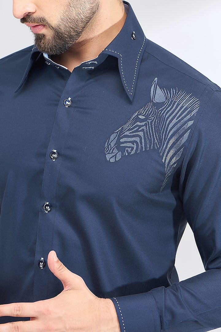 Blue Cotton Thread Embroidered Party Wear Shirt by SBJ at Pernia's Pop Up Shop