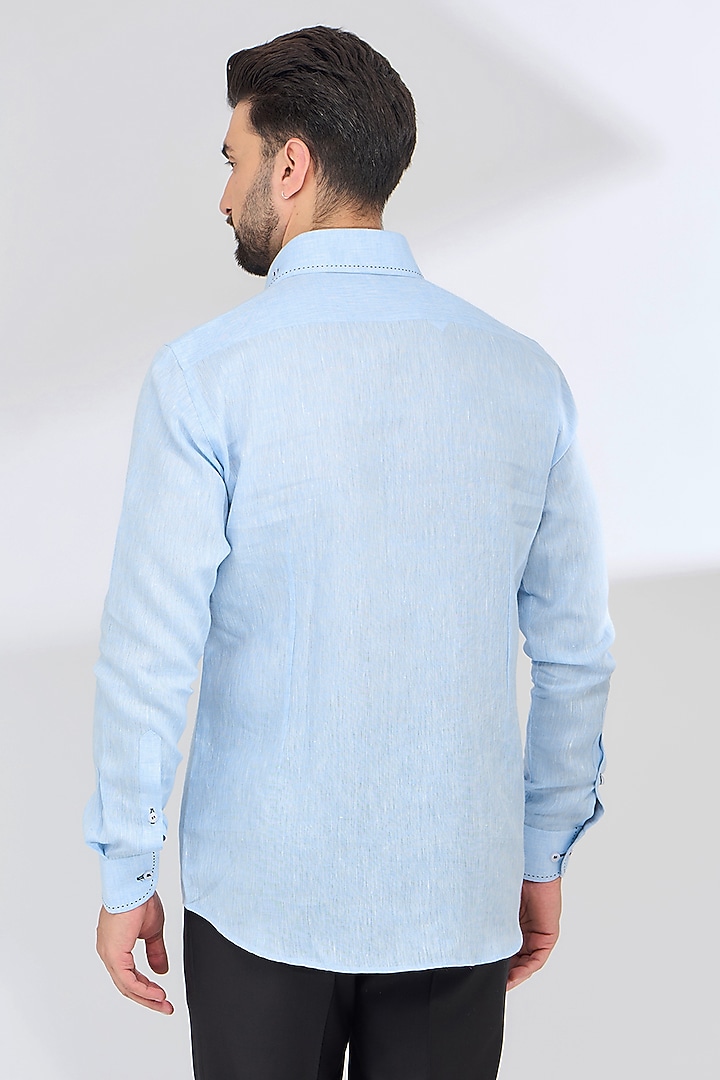 Blue Linen Thread Embroidered Party Wear Shirt by SBJ at Pernia's Pop Up Shop