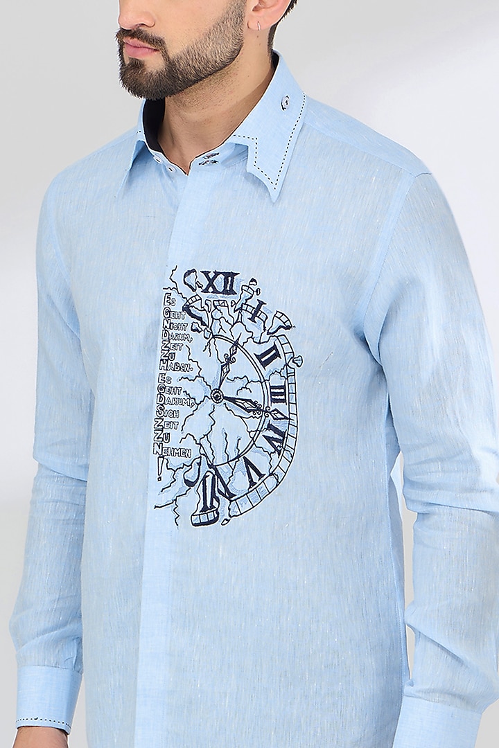 Blue Linen Thread Embroidered Party Wear Shirt by SBJ at Pernia's Pop Up Shop