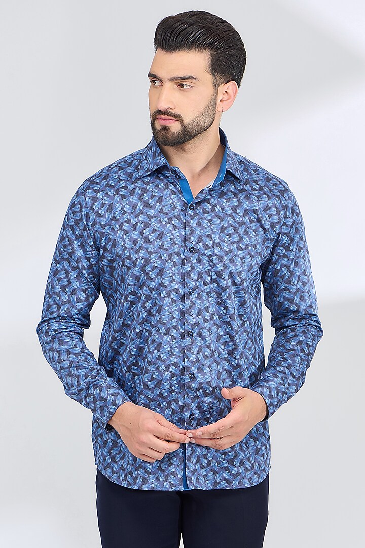 Blue Cotton Printed Party Wear Shirt by SBJ at Pernia's Pop Up Shop