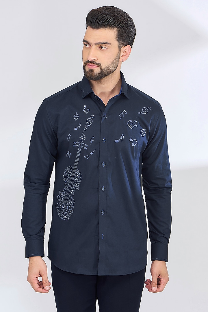 Blue Cotton Thread Embroidered Shirt by SBJ