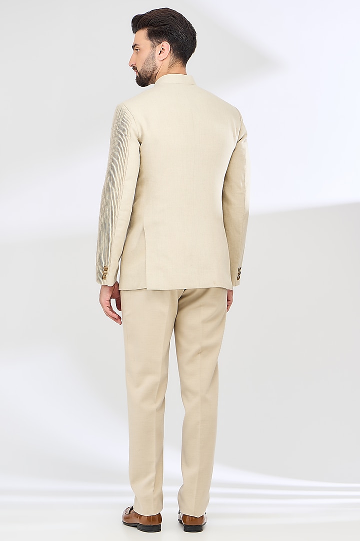 Beige Linen Thread Embroidered Wedding Bandhgala Set by SBJ at Pernia's Pop Up Shop