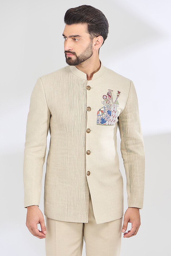 Beige Linen Thread Embroidered Wedding Bandhgala Set by SBJ at Pernia's Pop Up Shop
