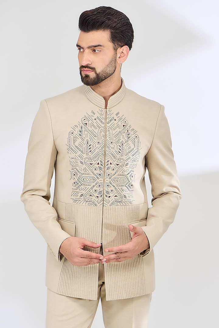 Beige Linen Hand Embroidered Wedding Bandhgala Set by SBJ at Pernia's Pop Up Shop